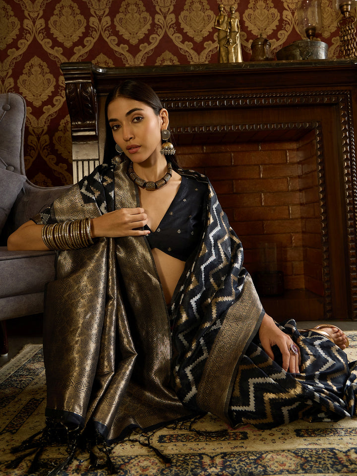 Luxurious Linen Black Saree Partywear