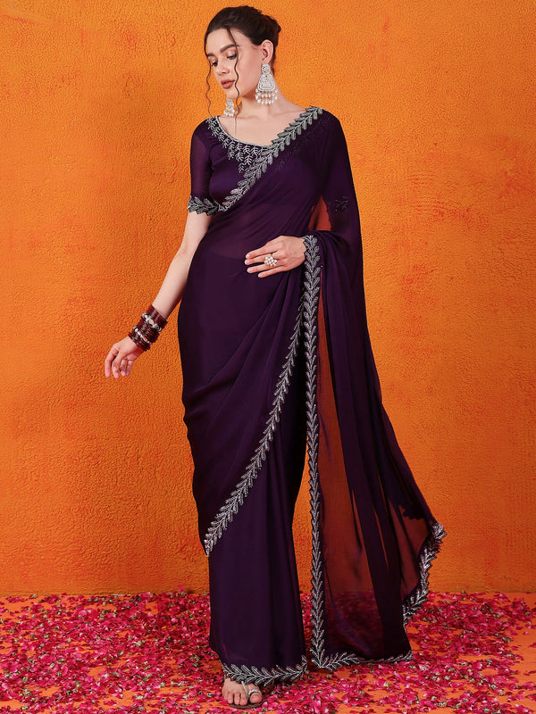 Satin Chiffon Silk Purple Saree