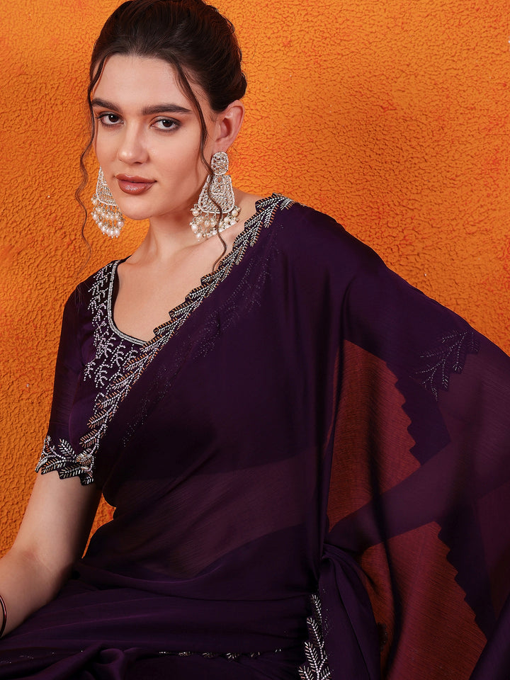 Satin Chiffon Silk Purple Saree