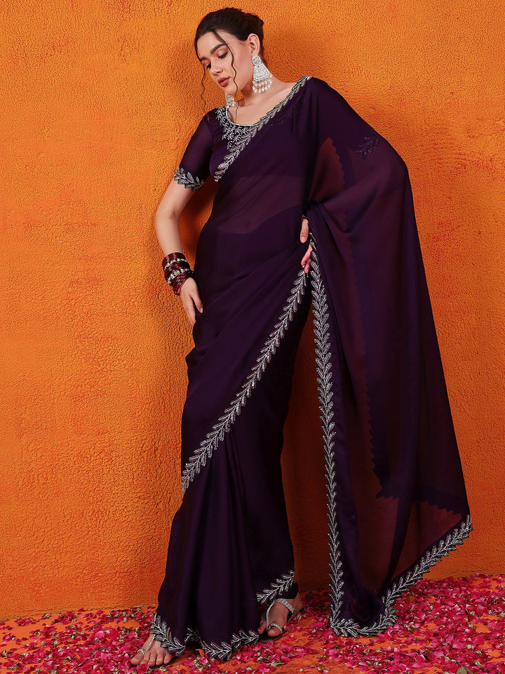 Satin Chiffon Silk Purple Saree