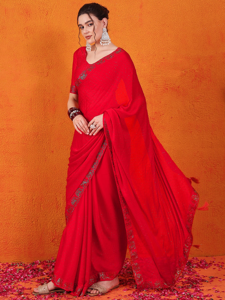 Satin Chiffon Silk Red Saree