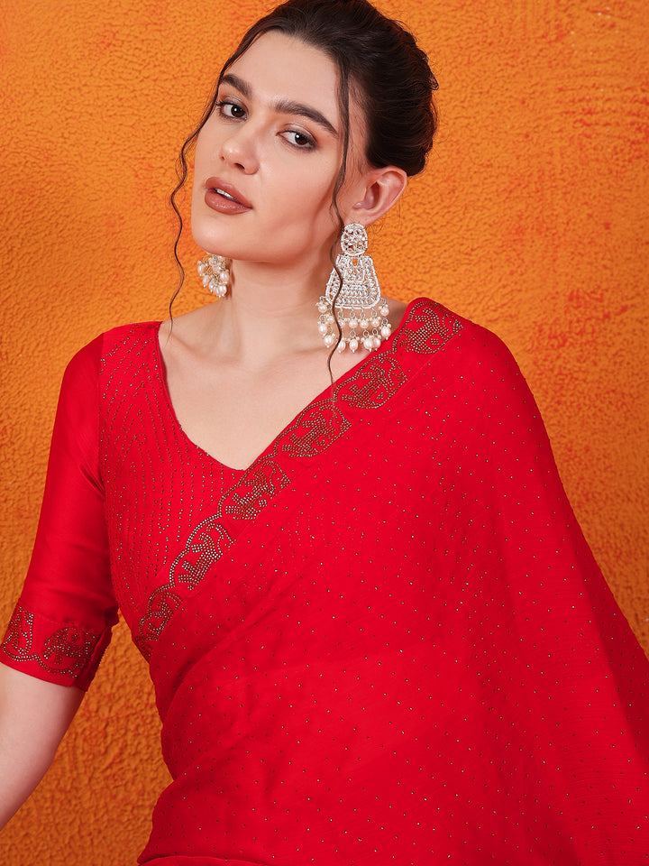 Satin Chiffon Silk Red Saree