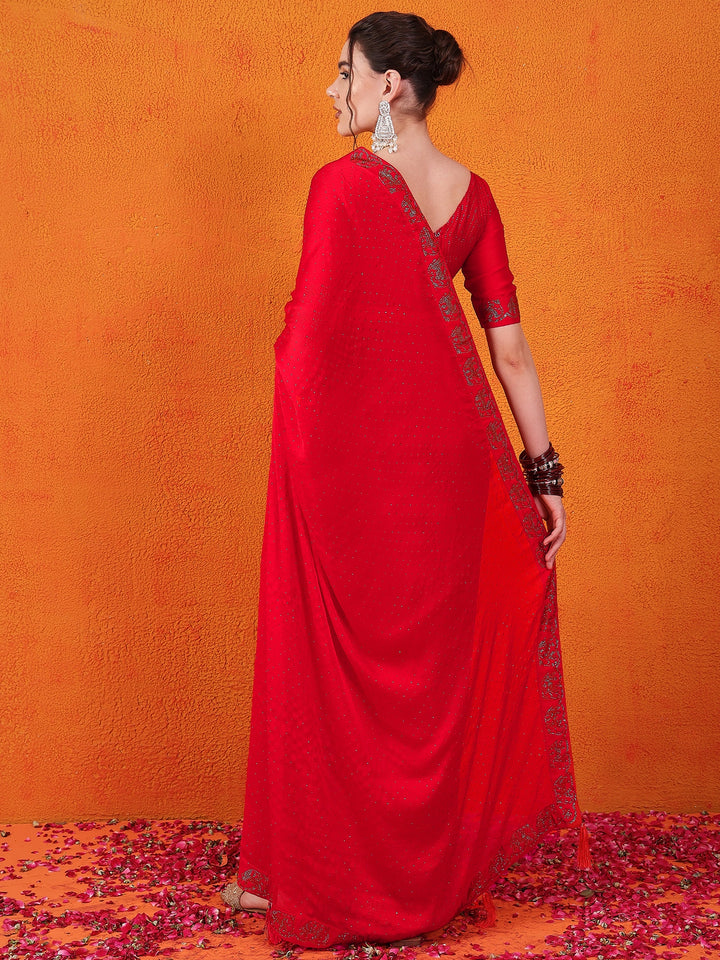 Satin Chiffon Silk Red Saree