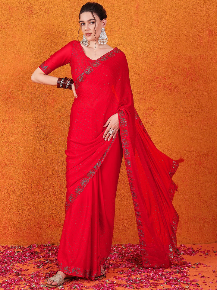 Satin Chiffon Silk Red Saree