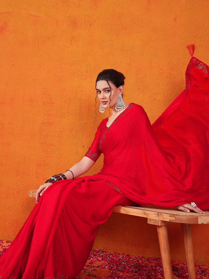 Satin Chiffon Silk Red Saree