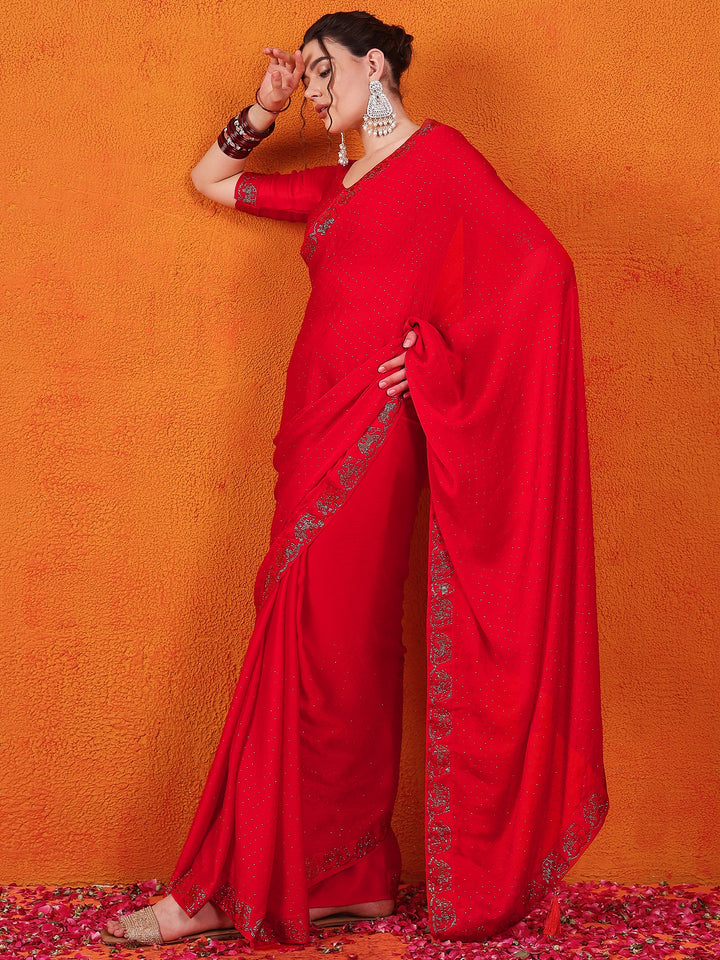 Satin Chiffon Silk Red Saree