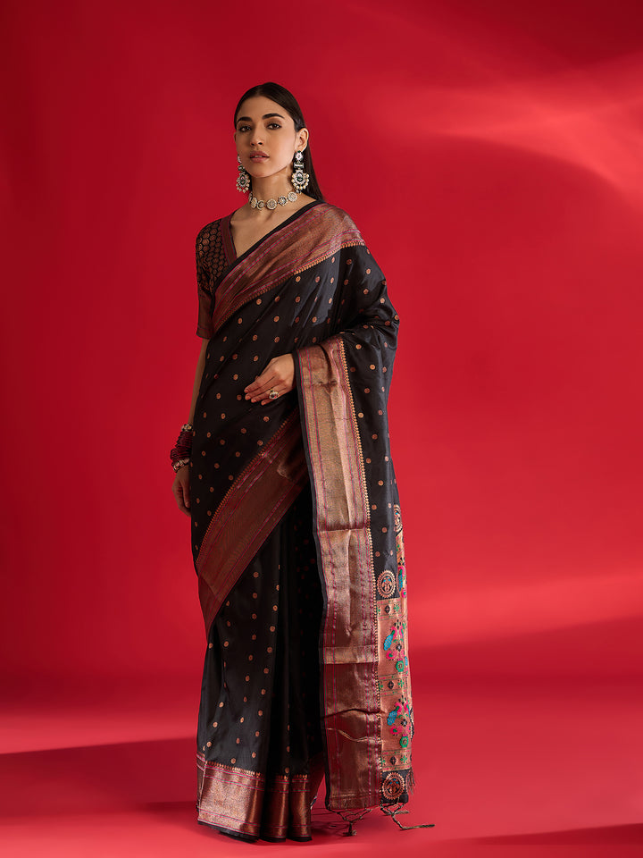 Stunning Black Banarasi Satin Saree