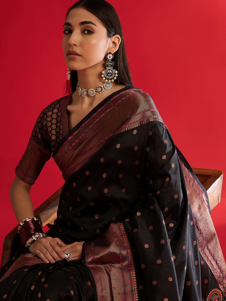 Stunning Black Banarasi Satin Saree