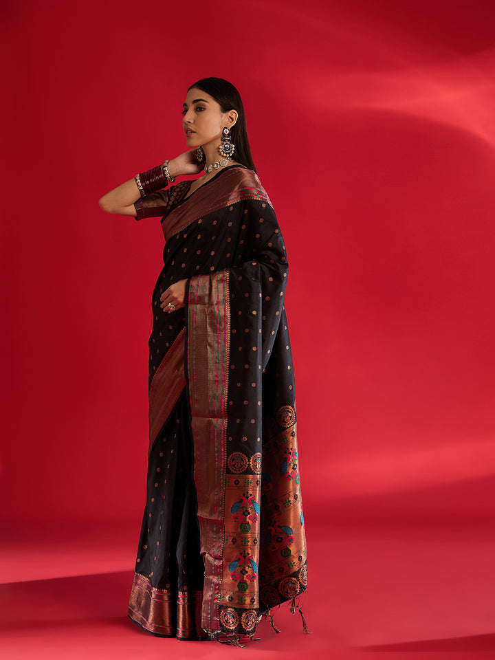 Stunning Black Banarasi Satin Saree