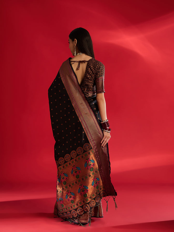 Stunning Black Banarasi Satin Saree