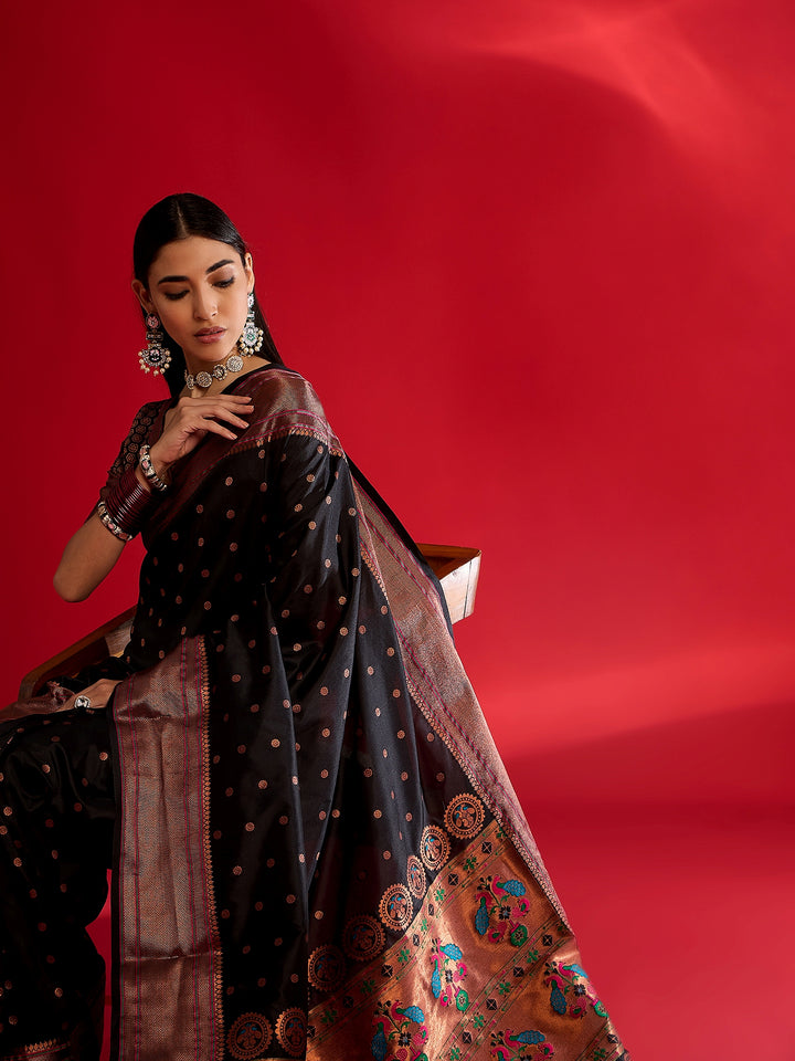 Stunning Black Banarasi Satin Saree