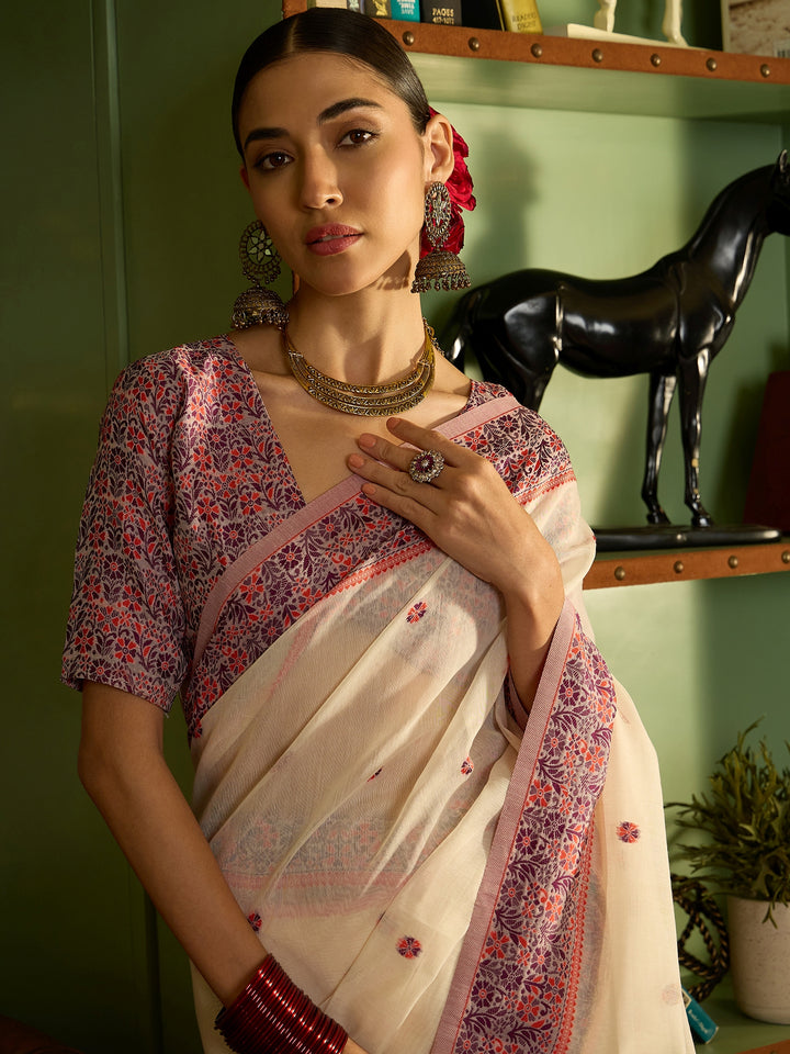 Timeless Red White Cotton Saree