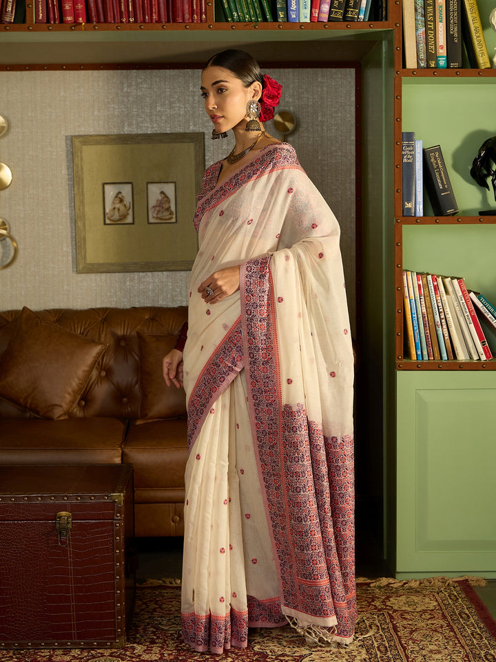 Timeless Red White Cotton Saree