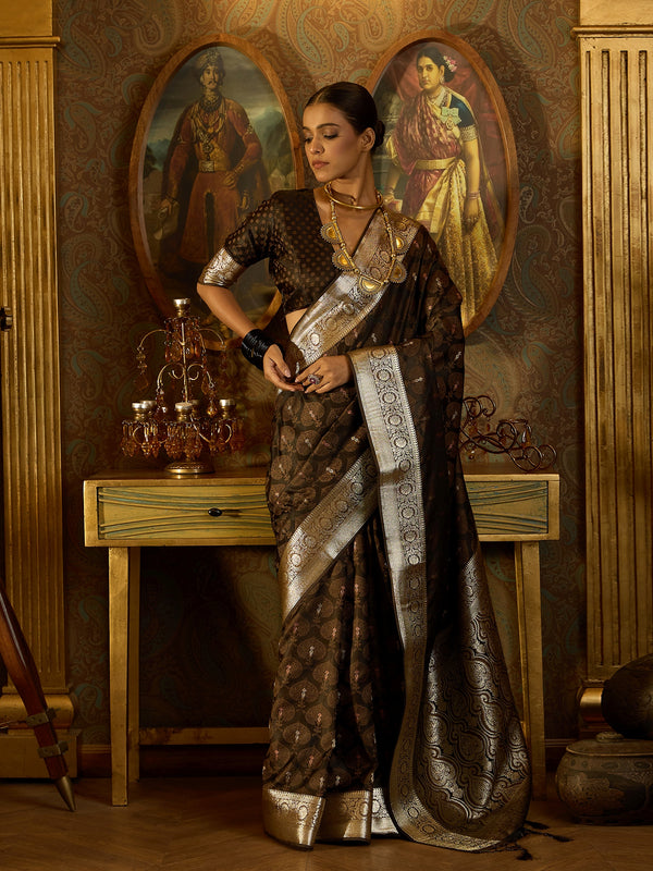 Vibrant Brown Satin Saree