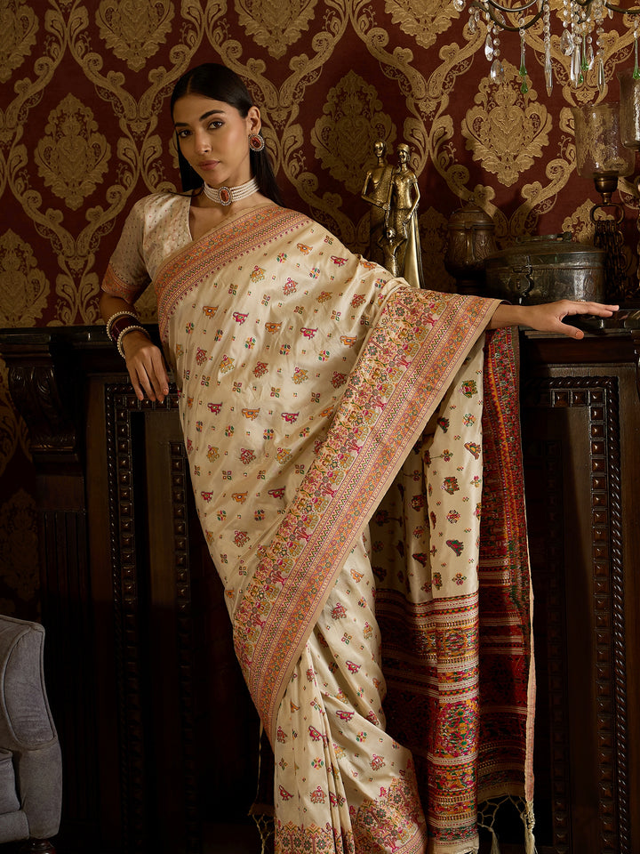 Vibrant White Banarasi Satin Saree