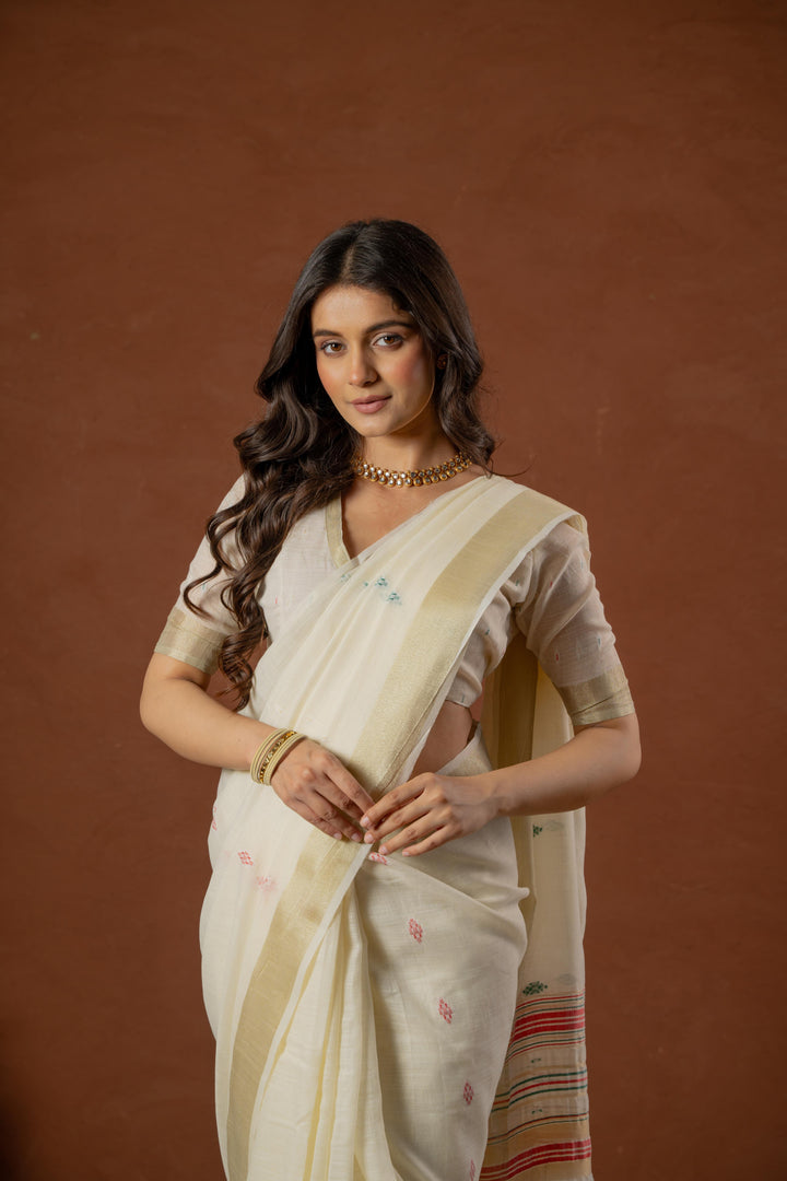 White Cotton Saree with Geometric Design