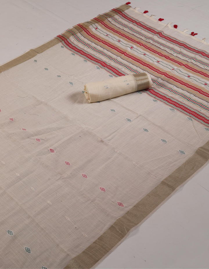 White Cotton Saree with Geometric Design