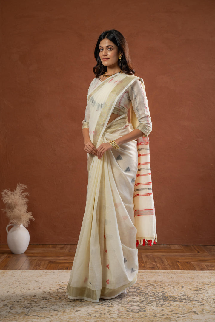 White Cotton Saree with Ikat Design
