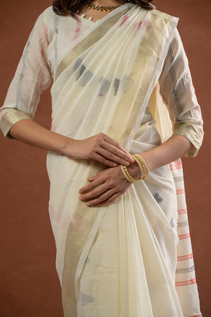 White Cotton Saree with Ikat Design