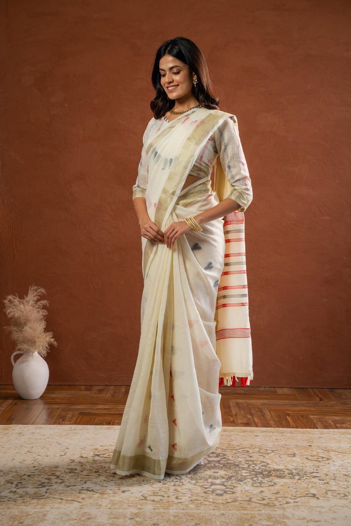 White Cotton Saree with Ikat Design