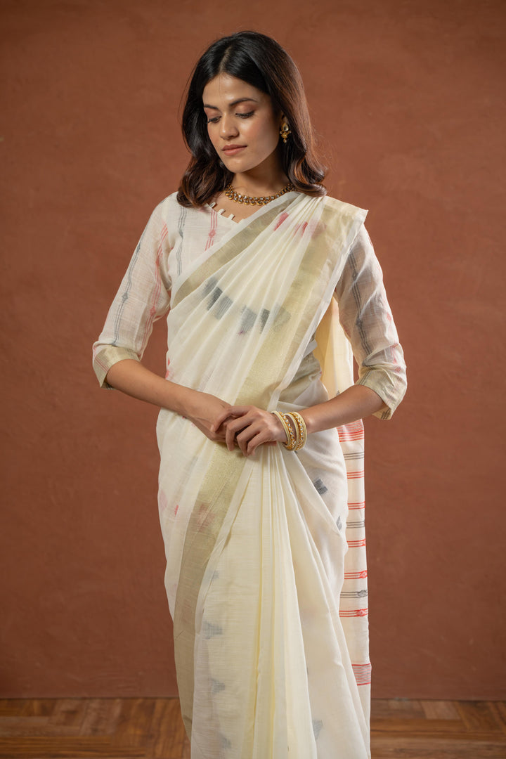 White Cotton Saree with Ikat Design
