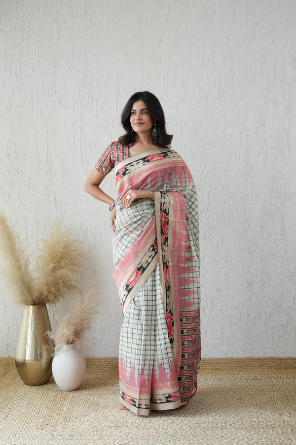 Checkered Temple Border Weave Pattern Kapas Saree