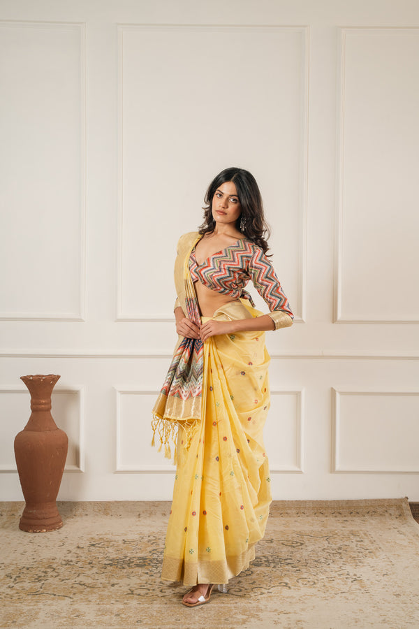 Yellow Cotton Saree with Zig Zag Weave