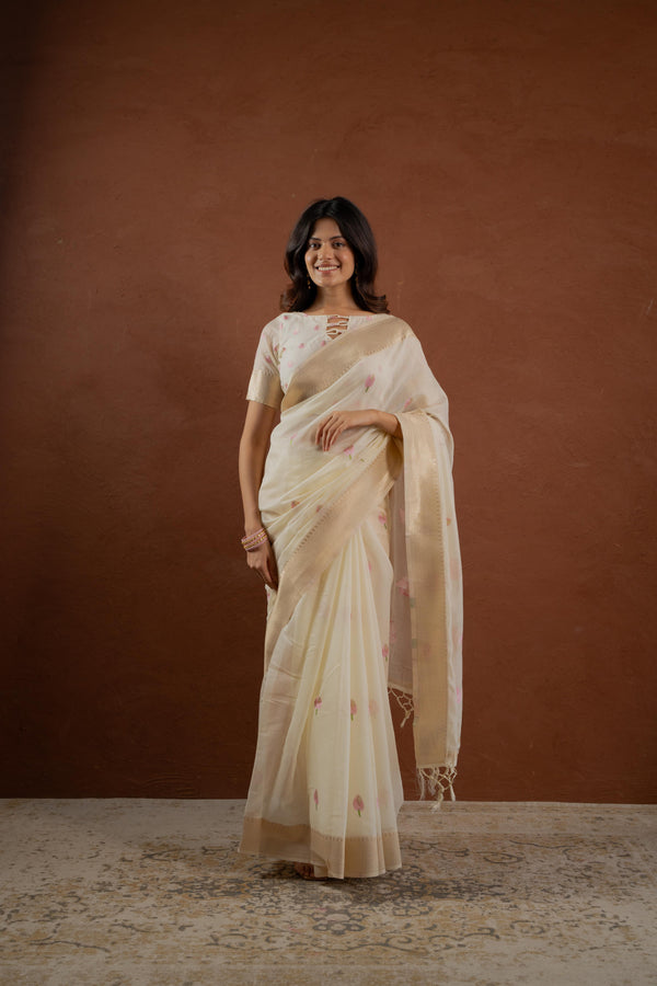 Cream Cotton Saree with Floral Intricacies