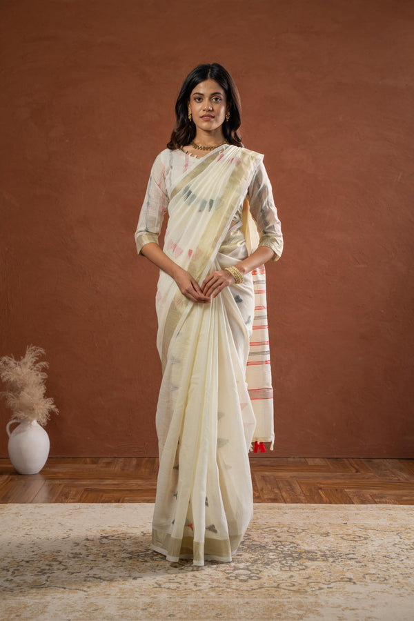 White Cotton Saree with Ikat Design