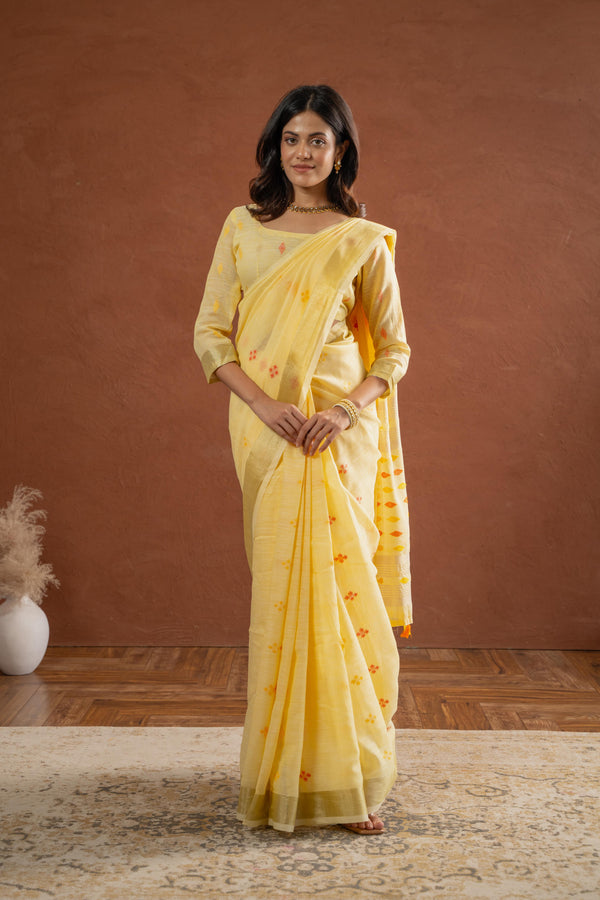 Yellow Cotton Saree with Ikat Design