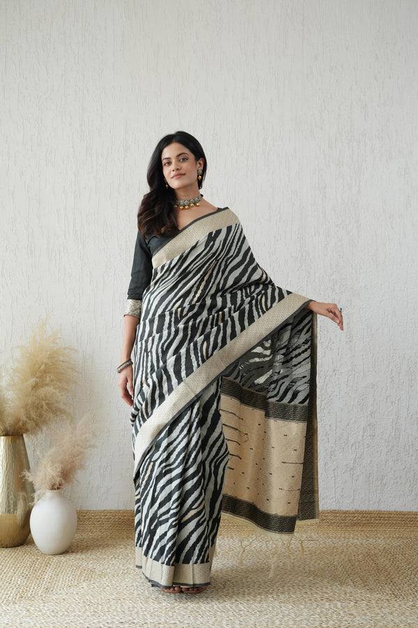 Black Cotton Zebra Weave Saree