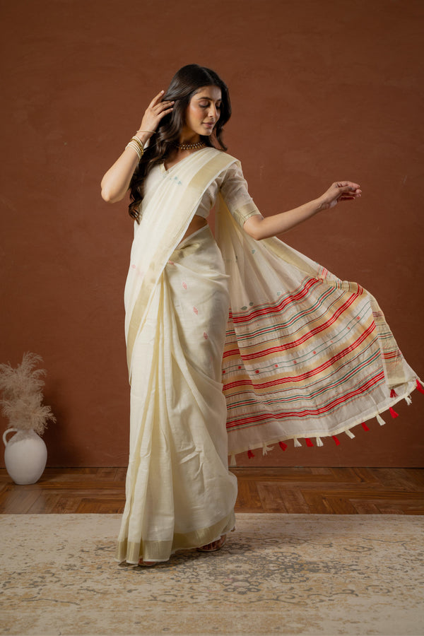 White Cotton Saree with Geometric Design