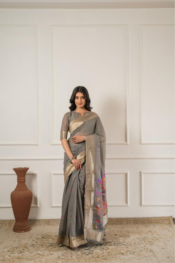 Grey Cotton Saree with Pallu Multicolor Detailing