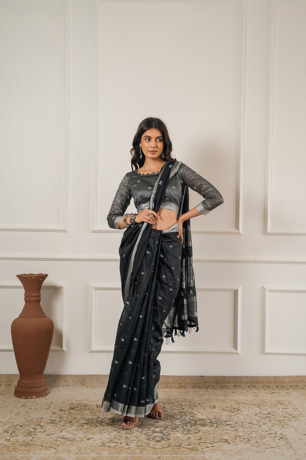 Black Linen Saree with Ikat Design