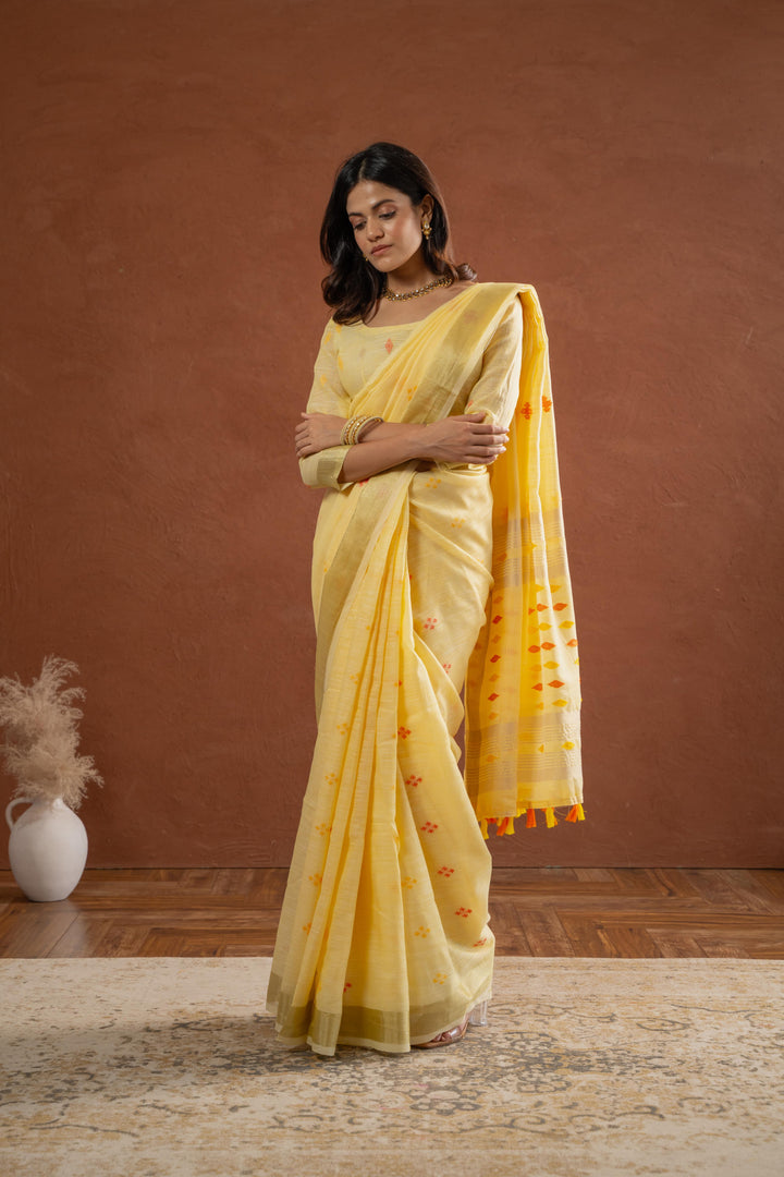 Yellow Cotton Saree with Ikat Design