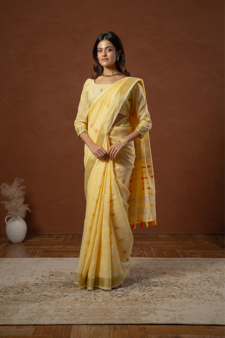 Yellow Cotton Saree with Ikat Design