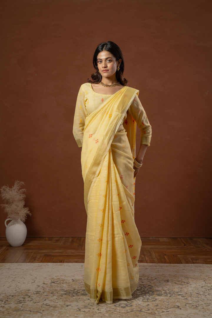 Yellow Cotton Saree with Ikat Design