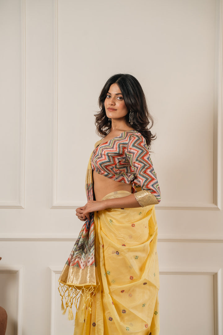 Yellow Cotton Saree with Zig Zag Weave