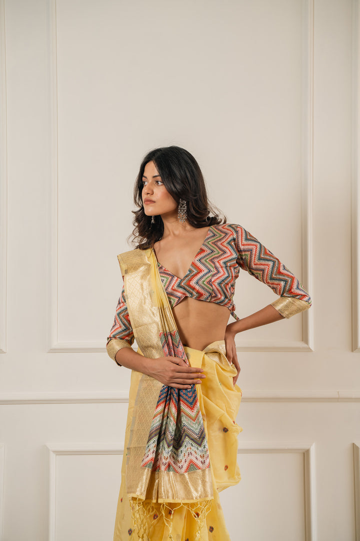 Yellow Cotton Saree with Zig Zag Weave